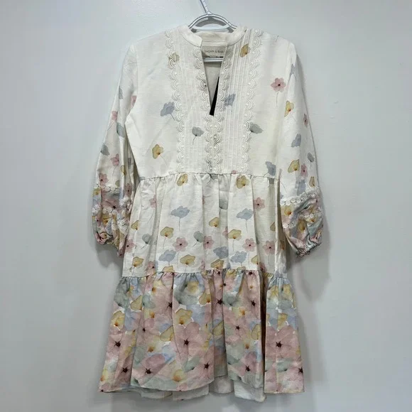 Sachin & Babi Womens Dress NEW Small Moyer Watercolor White Mini Ruffle Floral - Picture 1 of 8